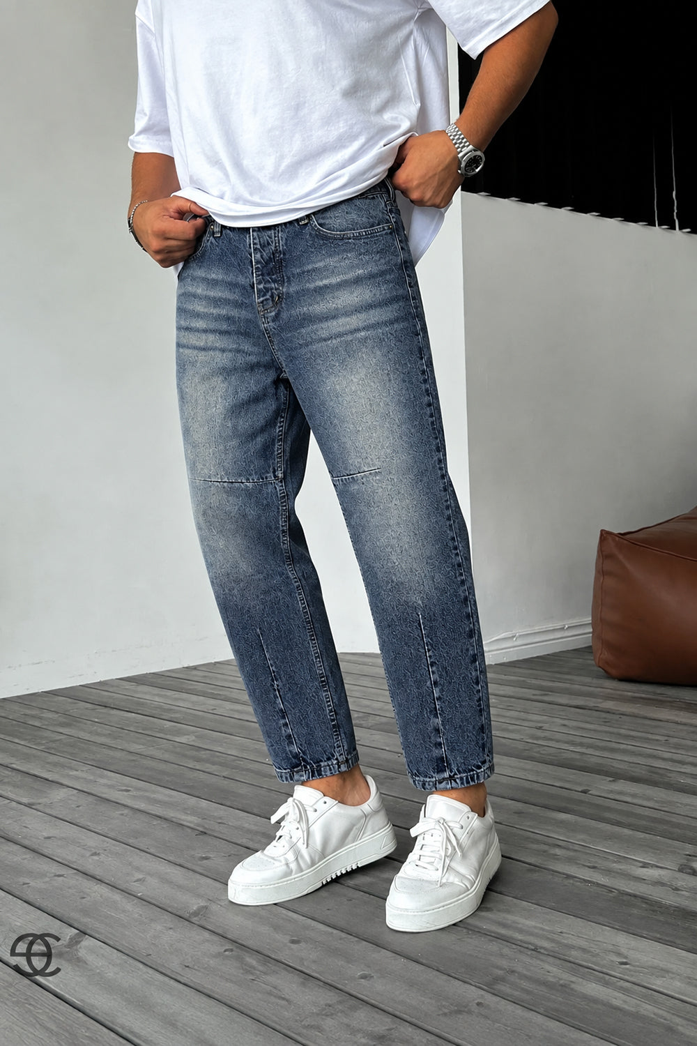 Τζιν Παντελόνι Loose Fit με Acid Wash & Ραφές –  Μπλε