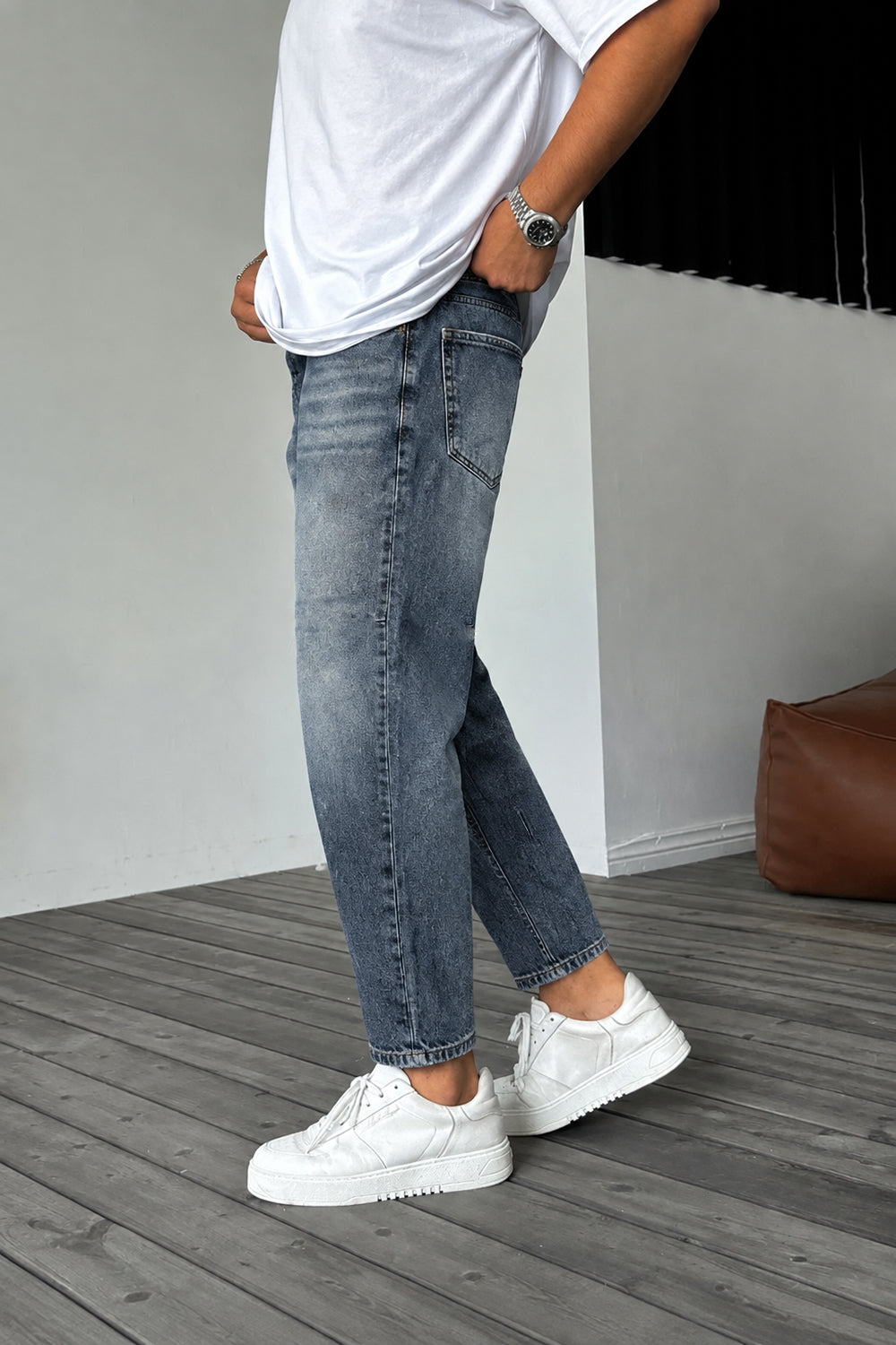 Τζιν Παντελόνι Loose Fit με Acid Wash & Ραφές –  Μπλε