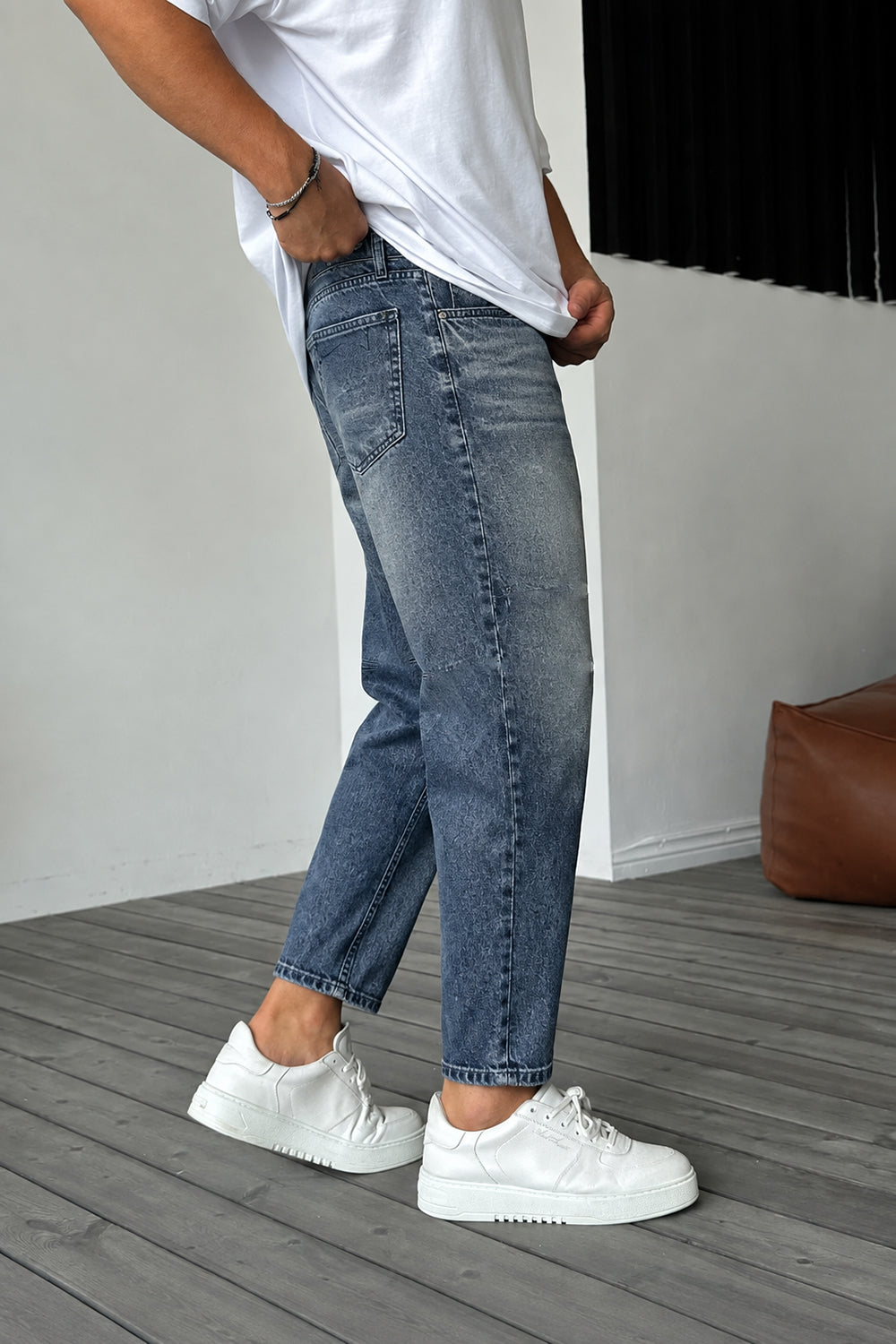 Τζιν Παντελόνι Loose Fit με Acid Wash & Ραφές –  Μπλε