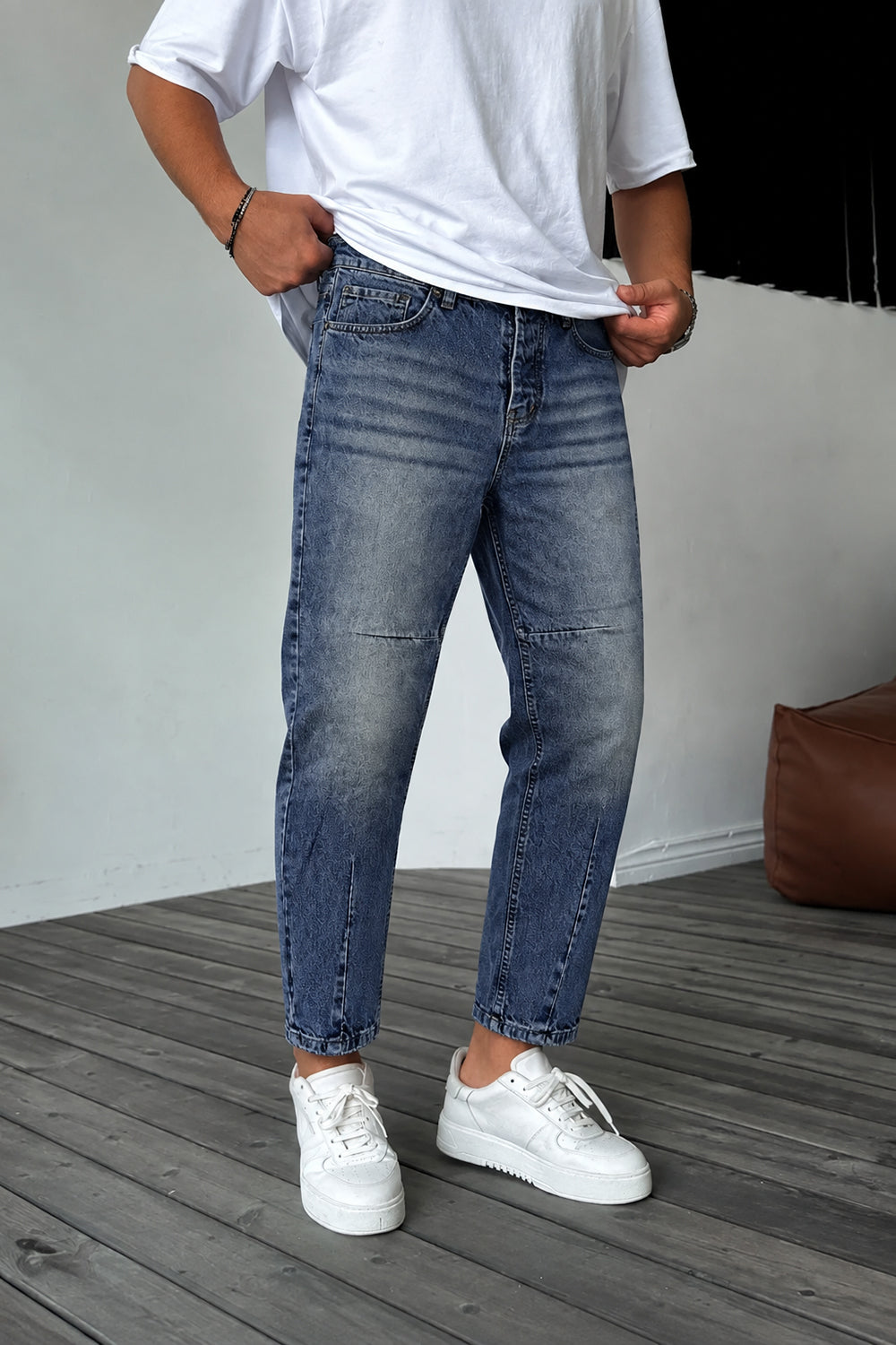 Τζιν Παντελόνι Loose Fit με Acid Wash & Ραφές –  Μπλε