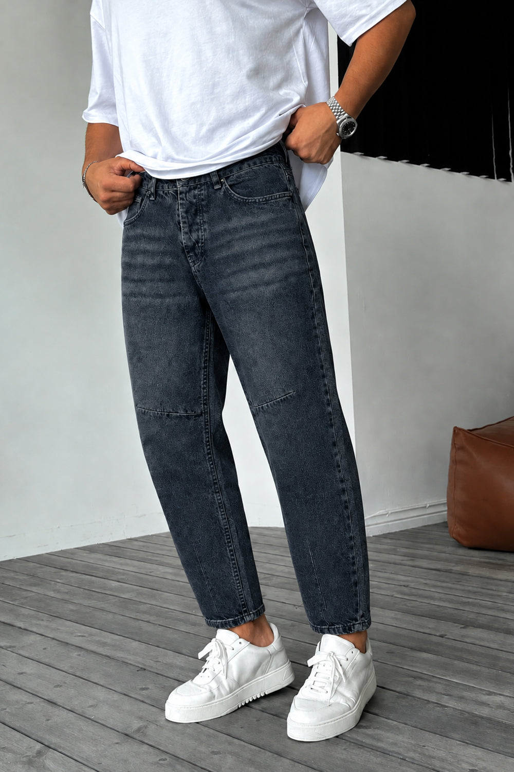 Τζιν Παντελόνι Loose Fit με Acid Wash & Ραφές –  Επεξεργασμένο Σκούρο Μπλε