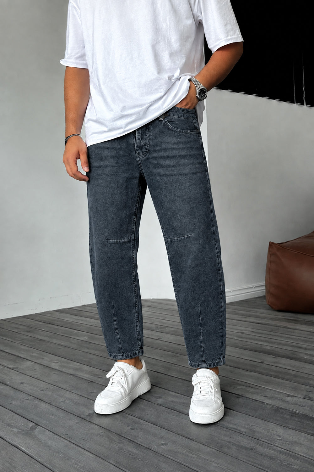 Τζιν Παντελόνι Loose Fit με Acid Wash & Ραφές –  Επεξεργασμένο Σκούρο Μπλε