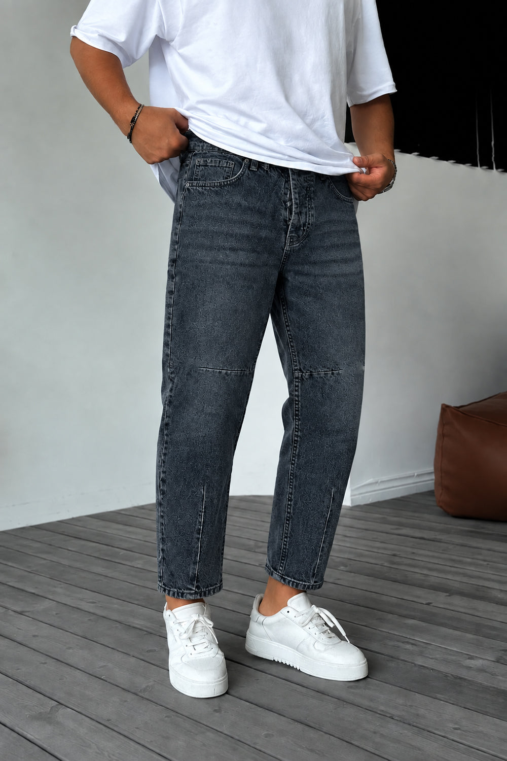 Τζιν Παντελόνι Loose Fit με Acid Wash & Ραφές –  Επεξεργασμένο Σκούρο Μπλε