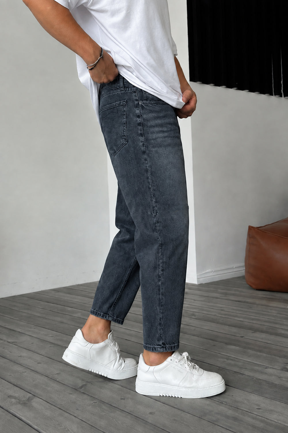 Τζιν Παντελόνι Loose Fit με Acid Wash & Ραφές –  Επεξεργασμένο Σκούρο Μπλε