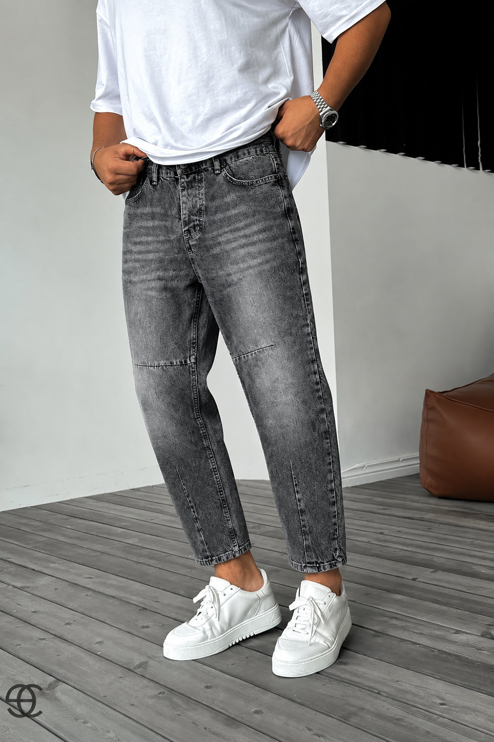 Τζιν Παντελόνι Loose Fit με Acid Wash & Ραφές –  Επεξεργασμένο Γκρι