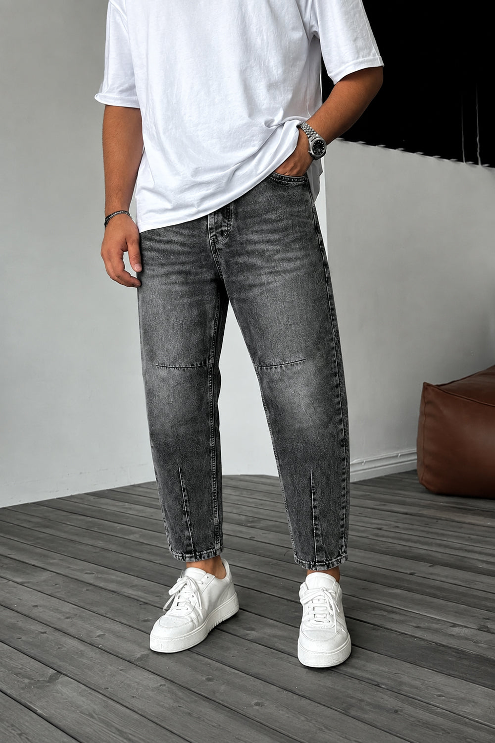 Τζιν Παντελόνι Loose Fit με Acid Wash & Ραφές –  Επεξεργασμένο Γκρι