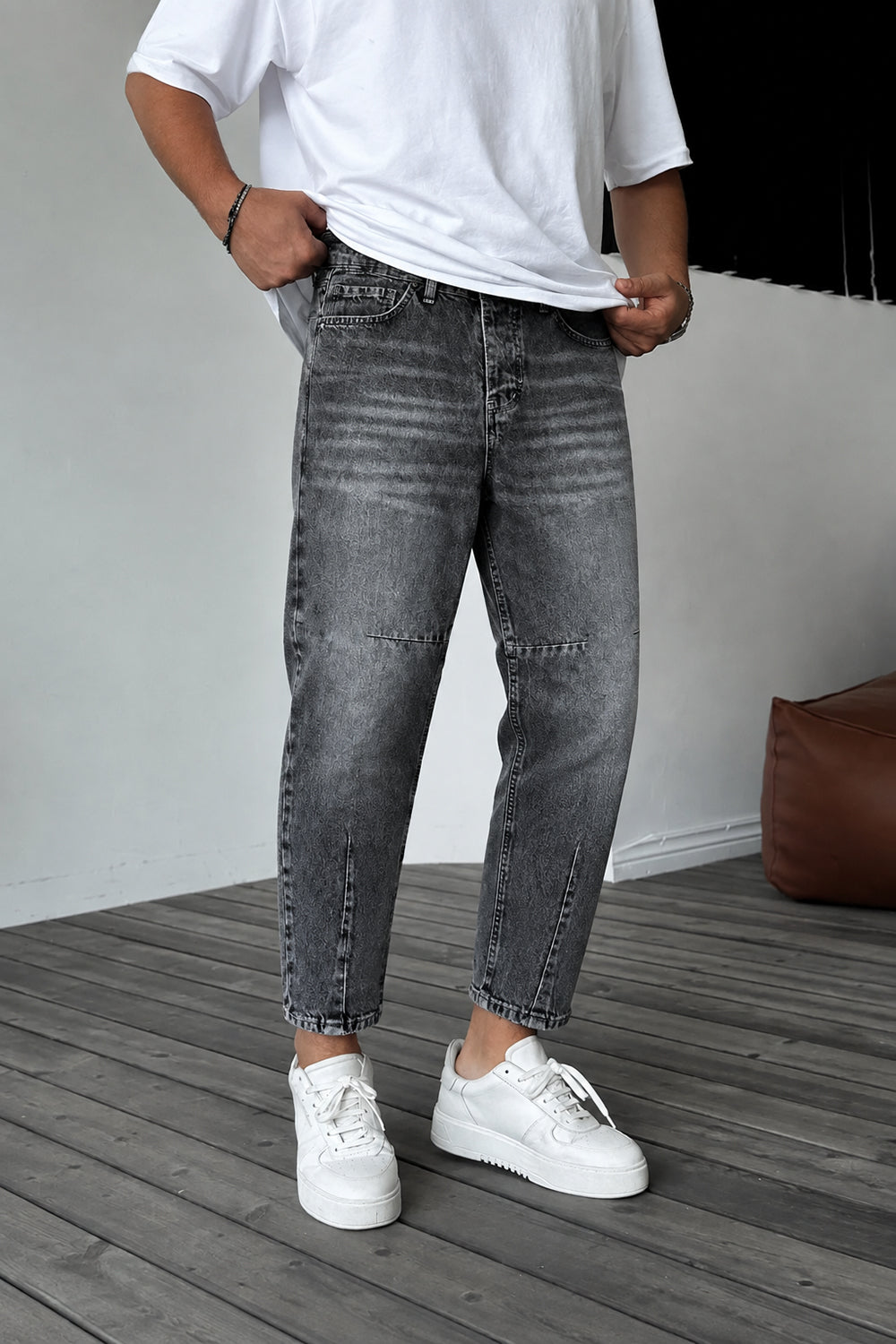 Τζιν Παντελόνι Loose Fit με Acid Wash & Ραφές –  Επεξεργασμένο Γκρι