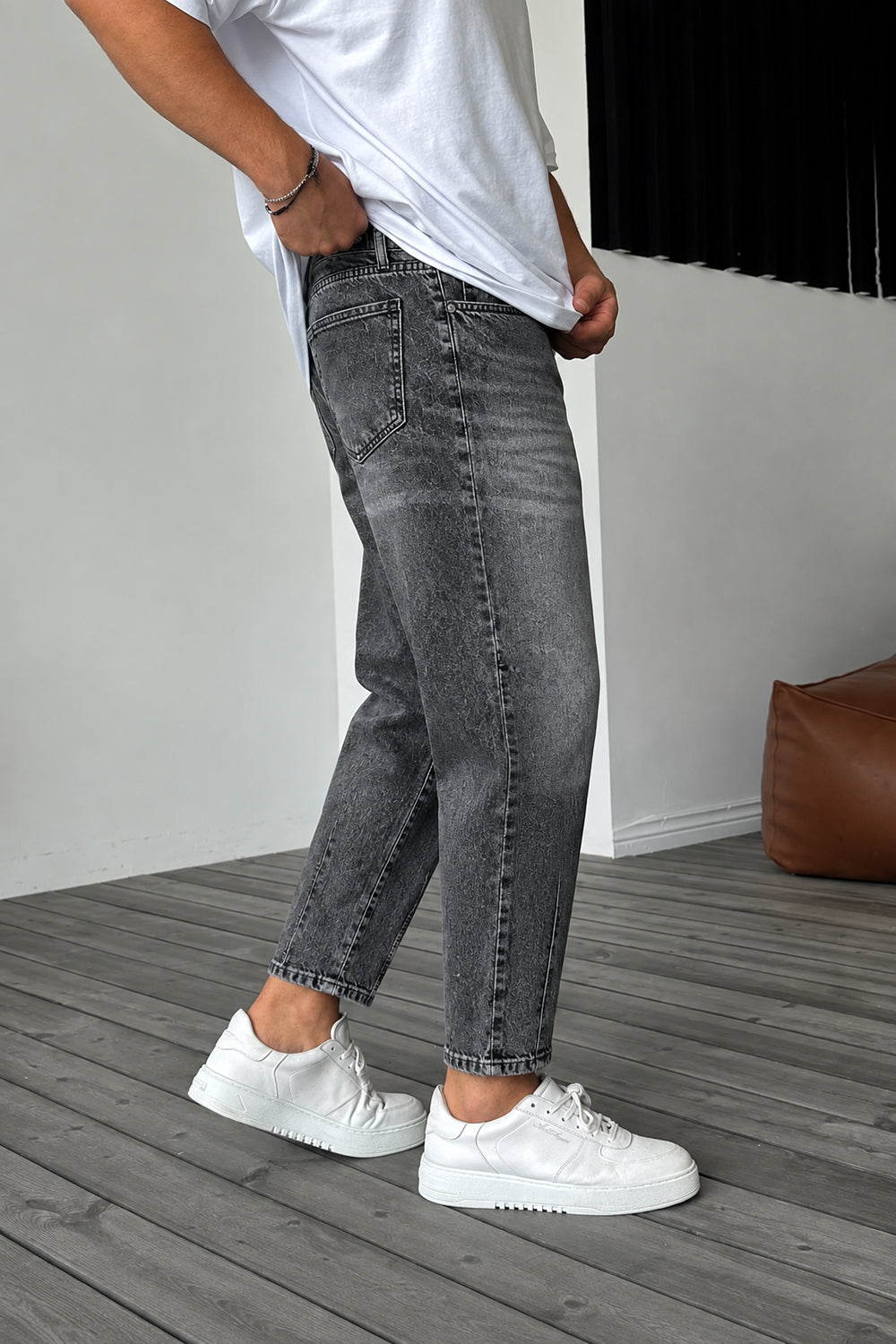 Τζιν Παντελόνι Loose Fit με Acid Wash & Ραφές –  Επεξεργασμένο Γκρι