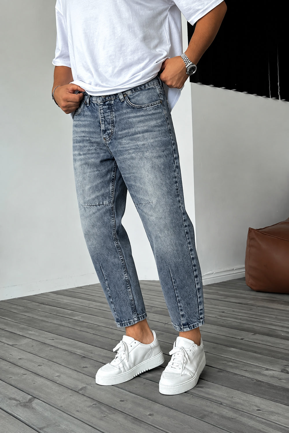 Τζιν Παντελόνι Loose Fit με Acid Wash & Ραφές –  Επεξεργασμένο Μπλε