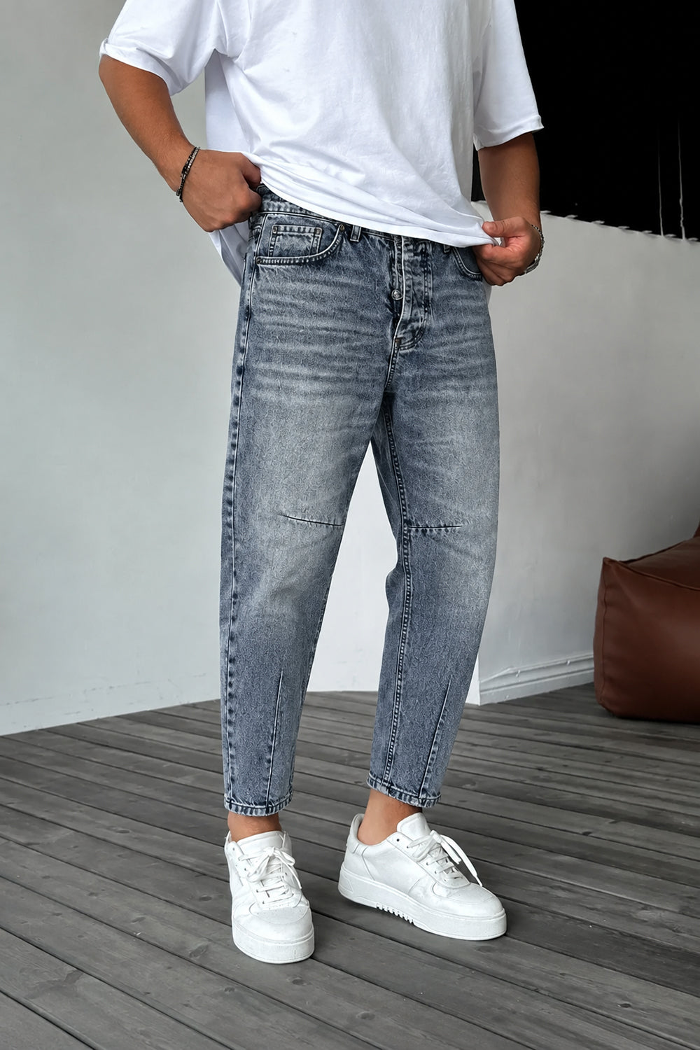 Τζιν Παντελόνι Loose Fit με Acid Wash & Ραφές –  Επεξεργασμένο Μπλε
