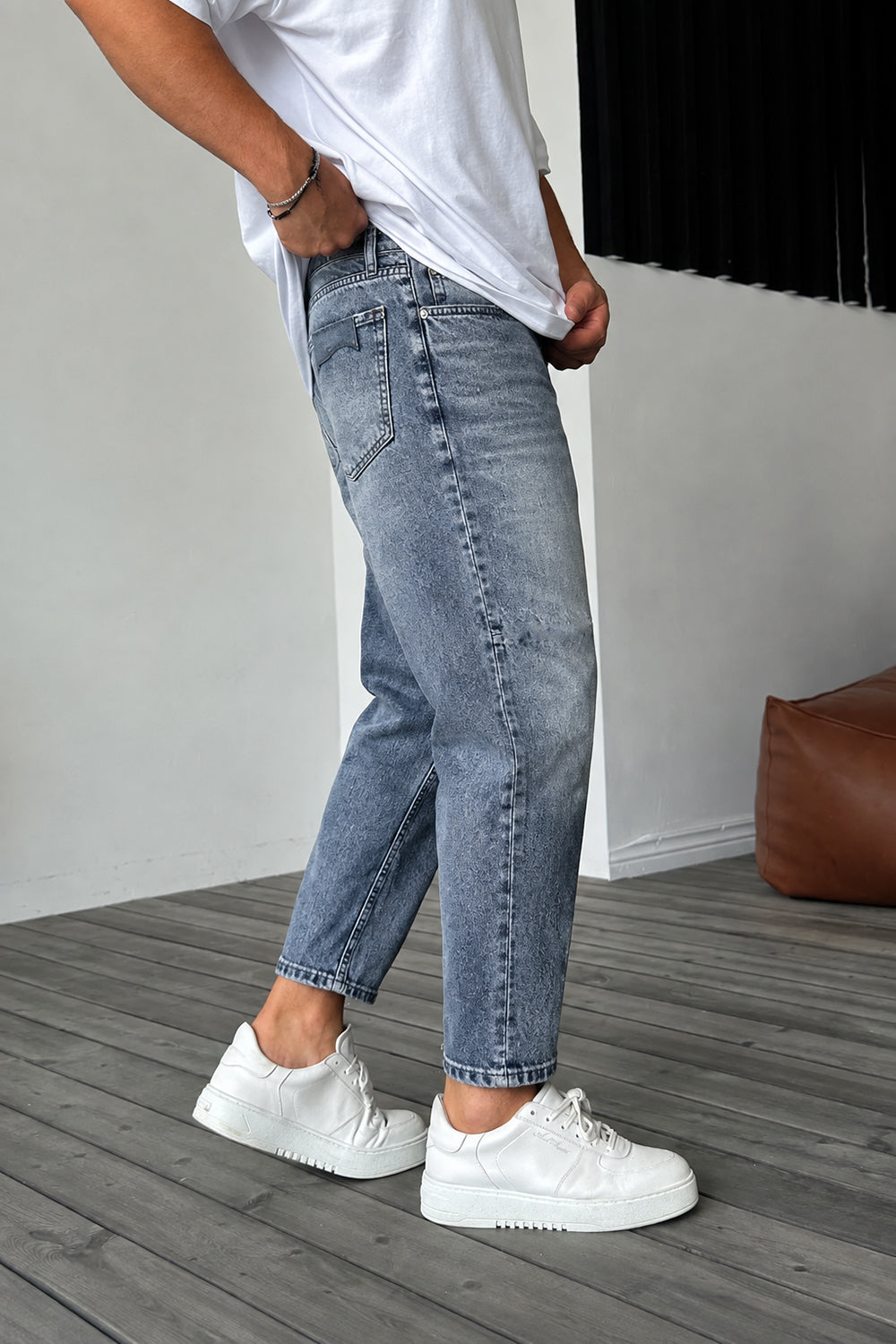 Τζιν Παντελόνι Loose Fit με Acid Wash & Ραφές –  Επεξεργασμένο Μπλε