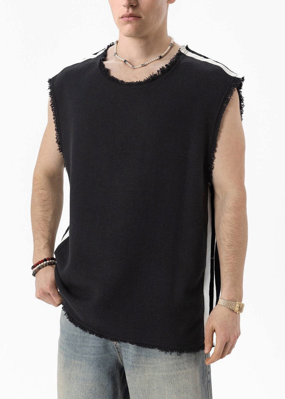 Αμάνικο Top Raw-Edge Side-Stripe – Μαύρο