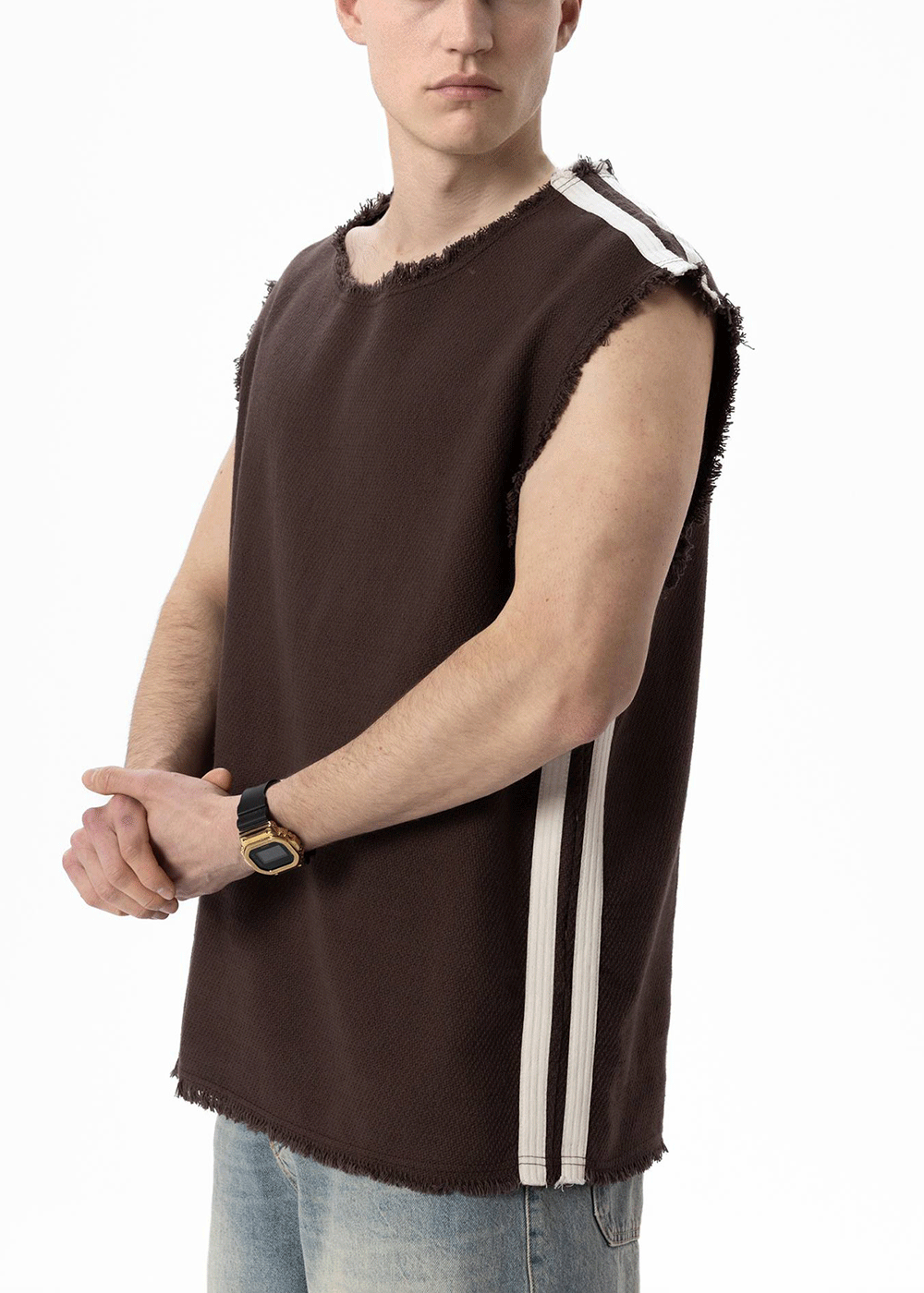 Αμάνικο Top Raw-Edge Side-Stripe – Καφέ – 3