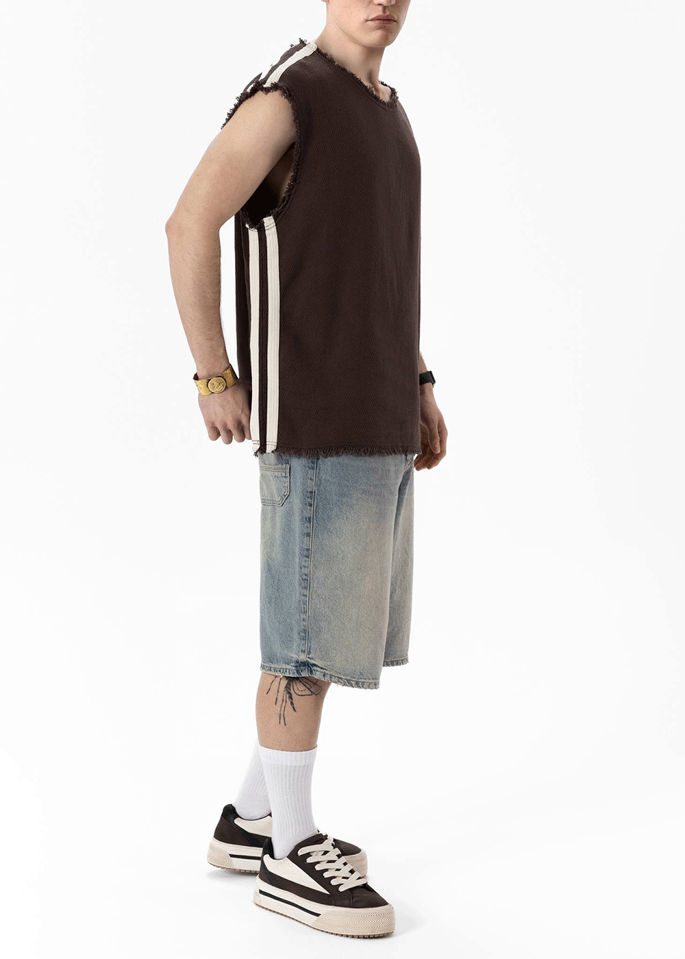 Αμάνικο Top Raw-Edge Side-Stripe – Καφέ – 2