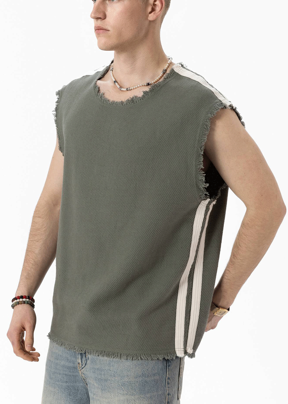 Αμάνικο Top Raw-Edge Side-Stripe – Χακί – 4