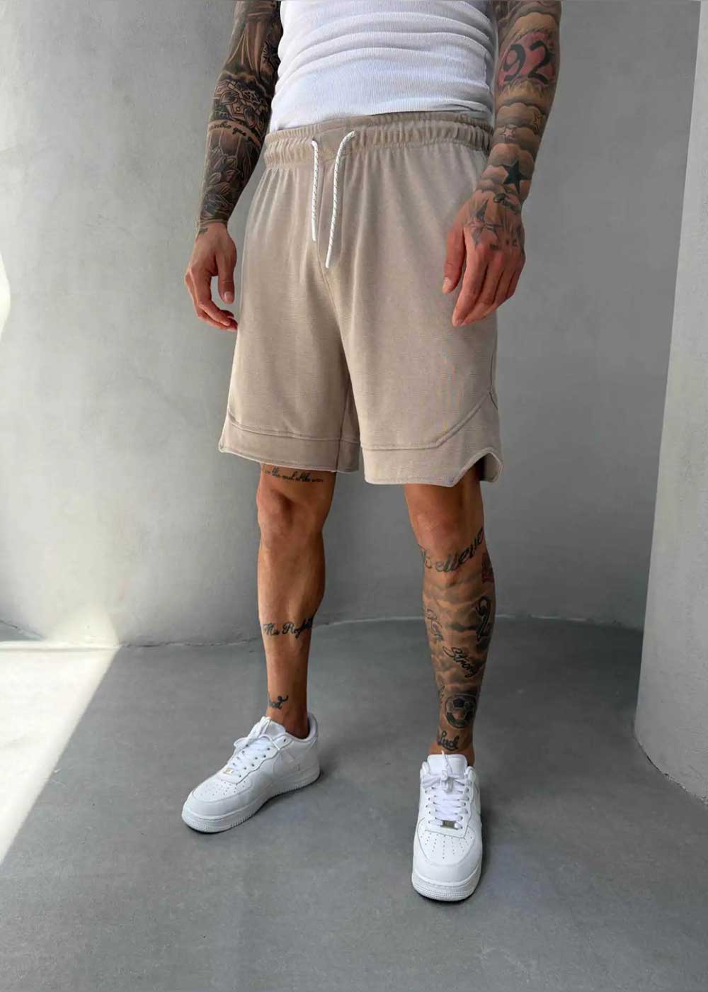 Minimal Σορτς Streetwear με Λάστιχο και Ραφές-Μπεζ