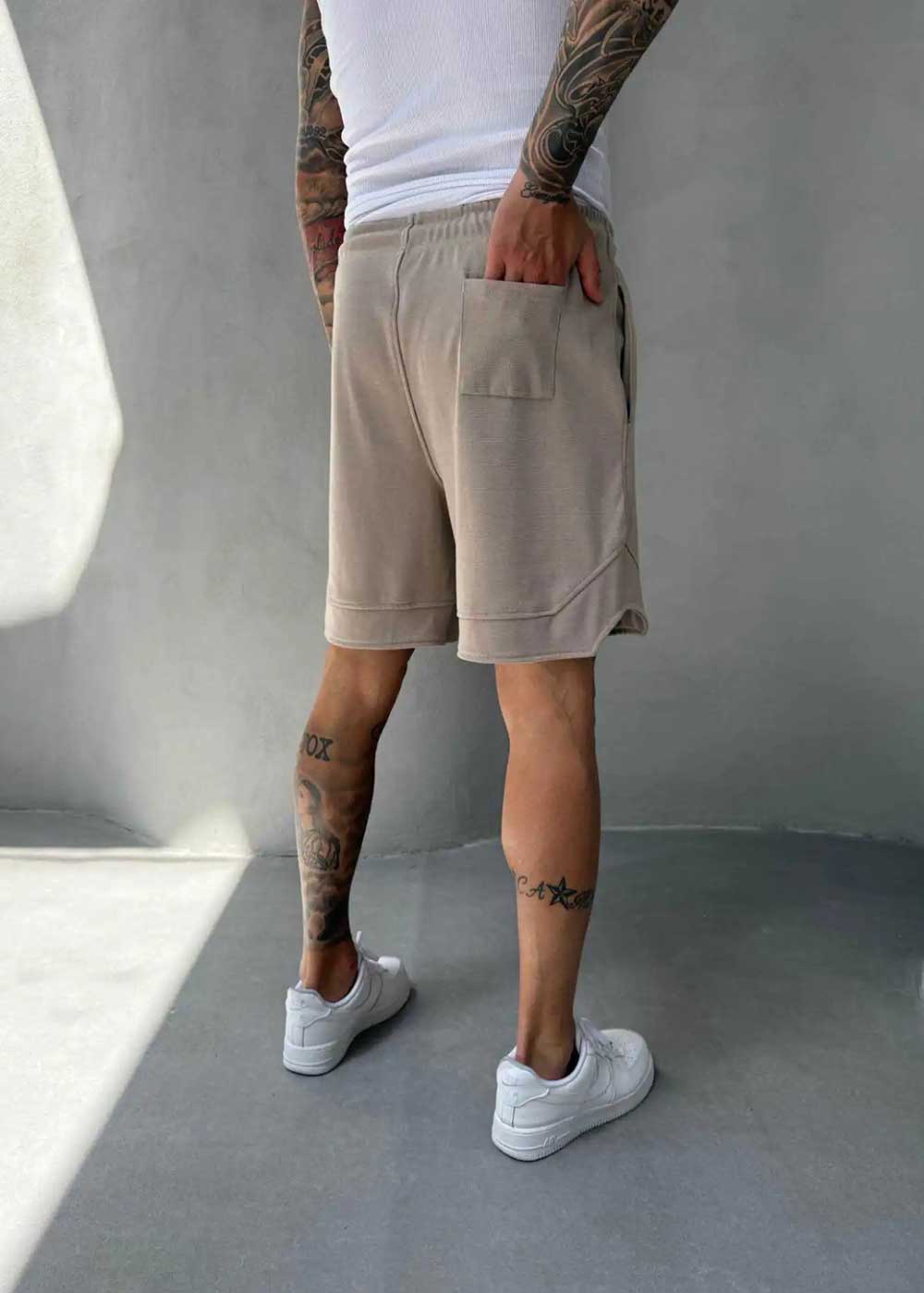 Minimal Σορτς Streetwear με Λάστιχο και Ραφές-Μπεζ – 2