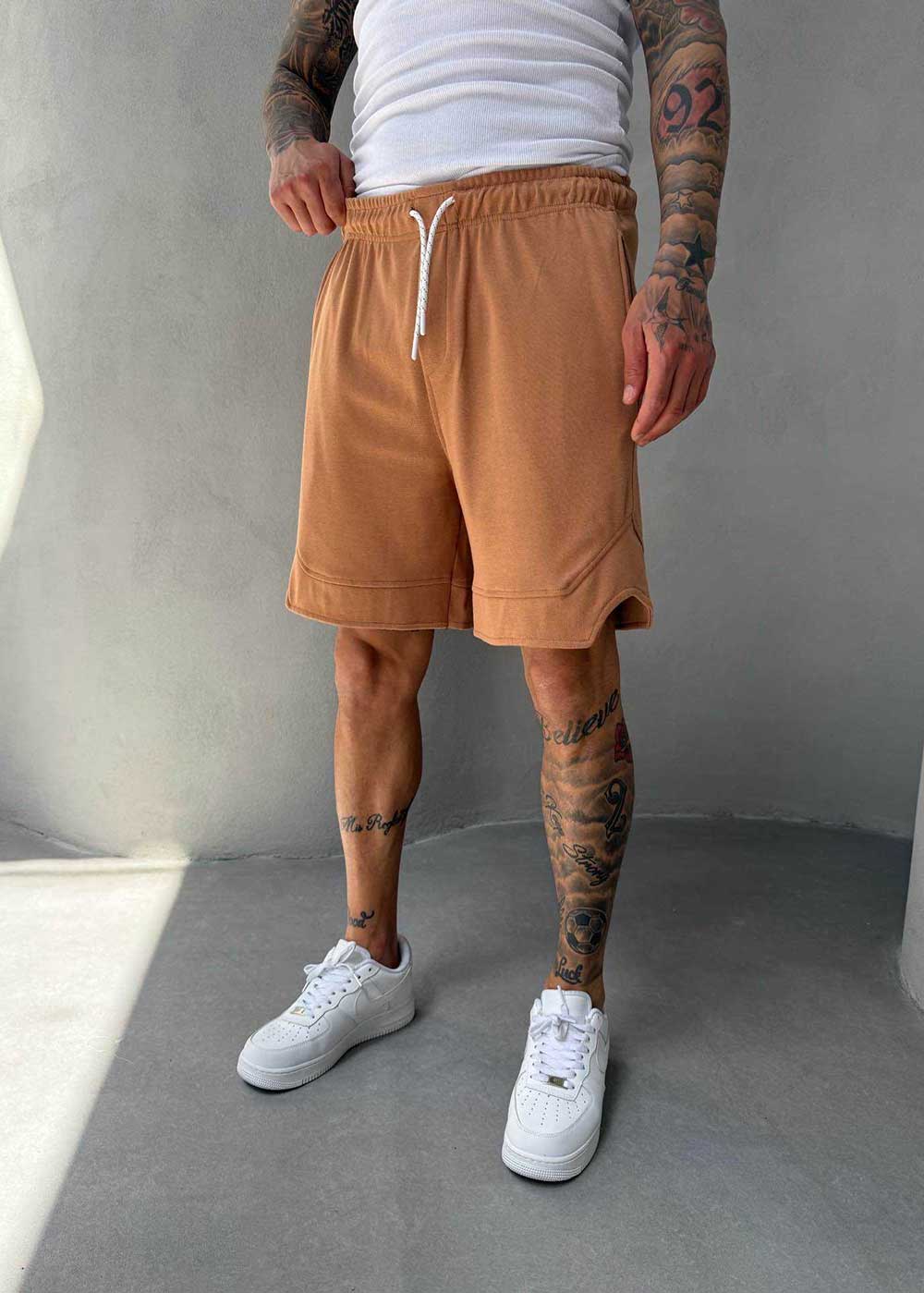 Minimal Σορτς Streetwear με Λάστιχο και Ραφές- Camel – 3