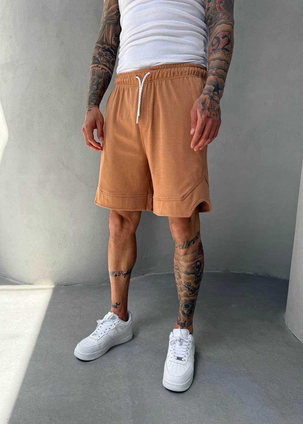 Minimal Σορτς Streetwear με Λάστιχο και Ραφές- Camel