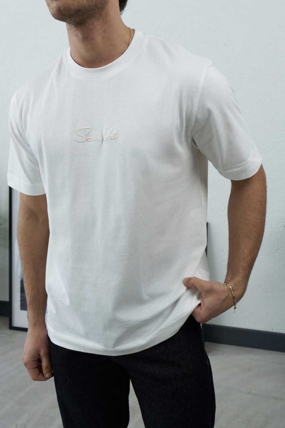Βαμβακερό Μπλουζάκι T-Shirt με Κεντητό Λογότυπο – Λευκό