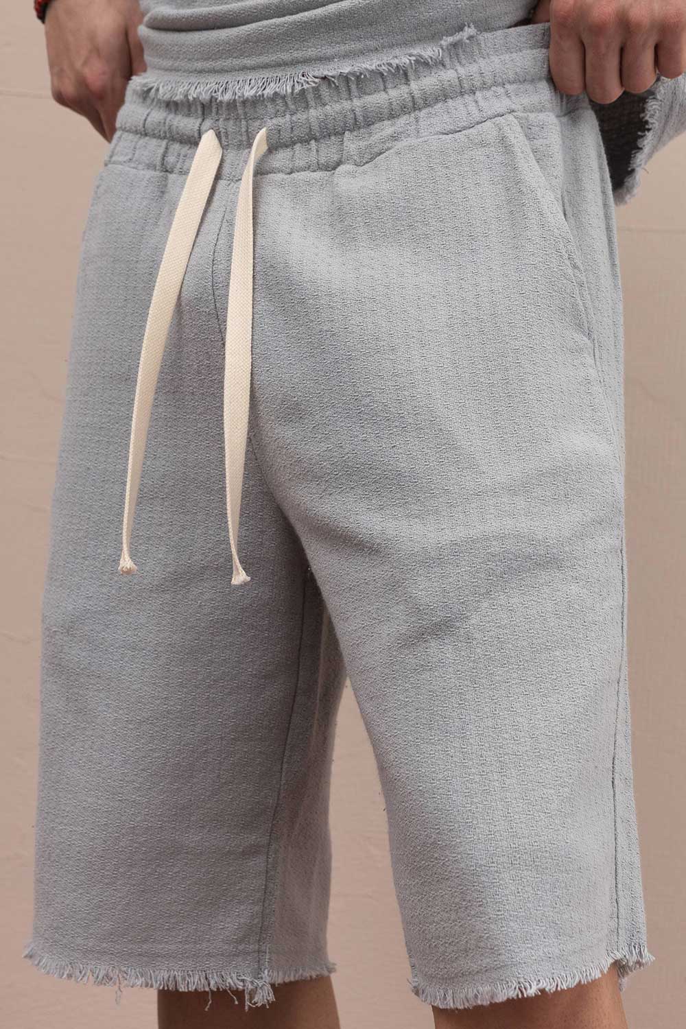 Raw Edge Waffle Oversized T-Shirt & Βερμούδα Σετ - Ice Grey