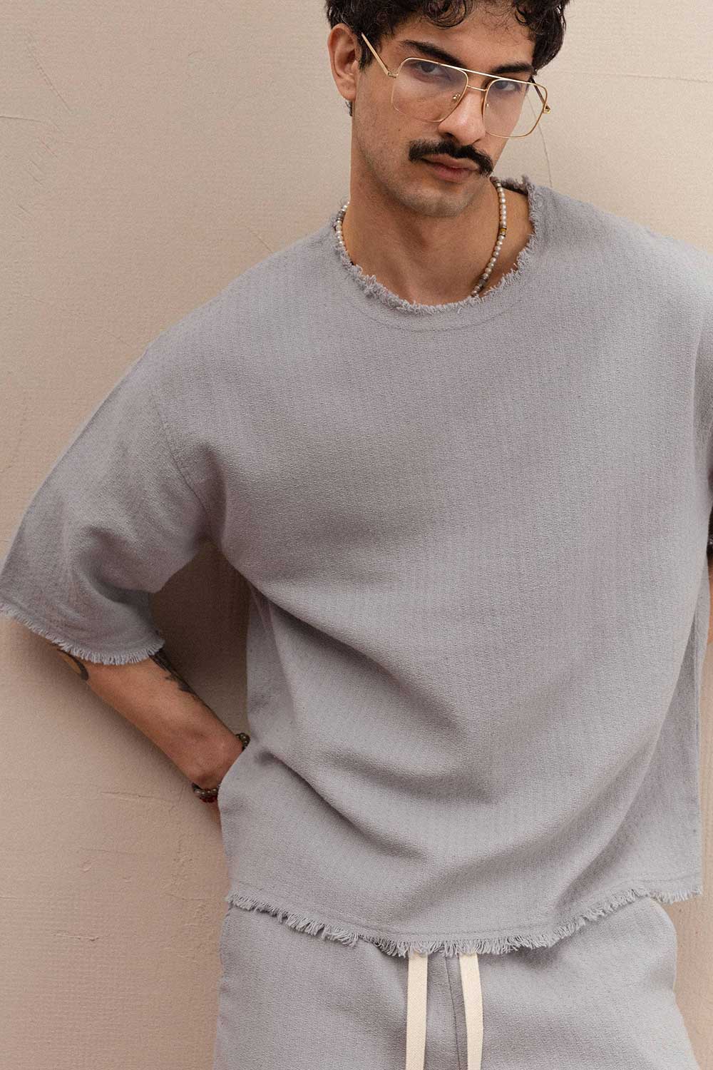Raw Edge Waffle Oversized T-Shirt & Βερμούδα Σετ - Ice Grey