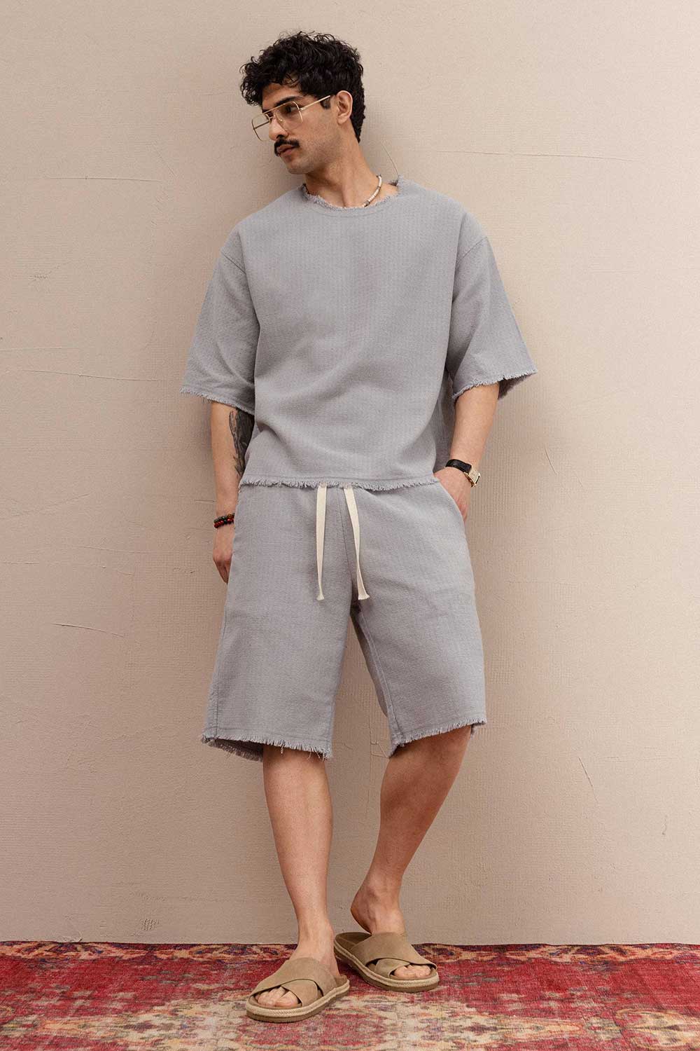 Raw Edge Waffle Oversized T-Shirt & Βερμούδα Σετ - Ice Grey