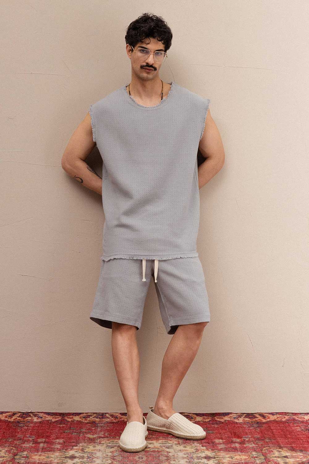 Raw Edge Αμάνικο Waffle Oversized T-Shirt & Βερμούδα Σετ -  Ice Grey