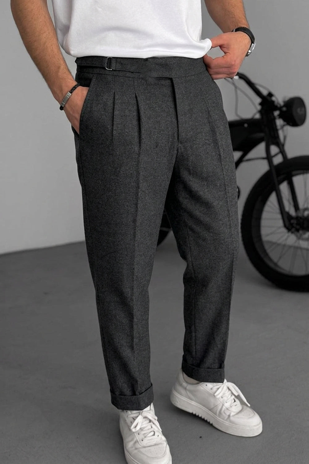 Παντελόνι Tailored Fit με Πιέτες & Ρεβέρ – Ανθρακί
