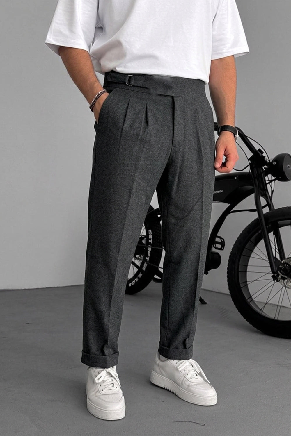 Παντελόνι Tailored Fit με Πιέτες & Ρεβέρ – Ανθρακί
