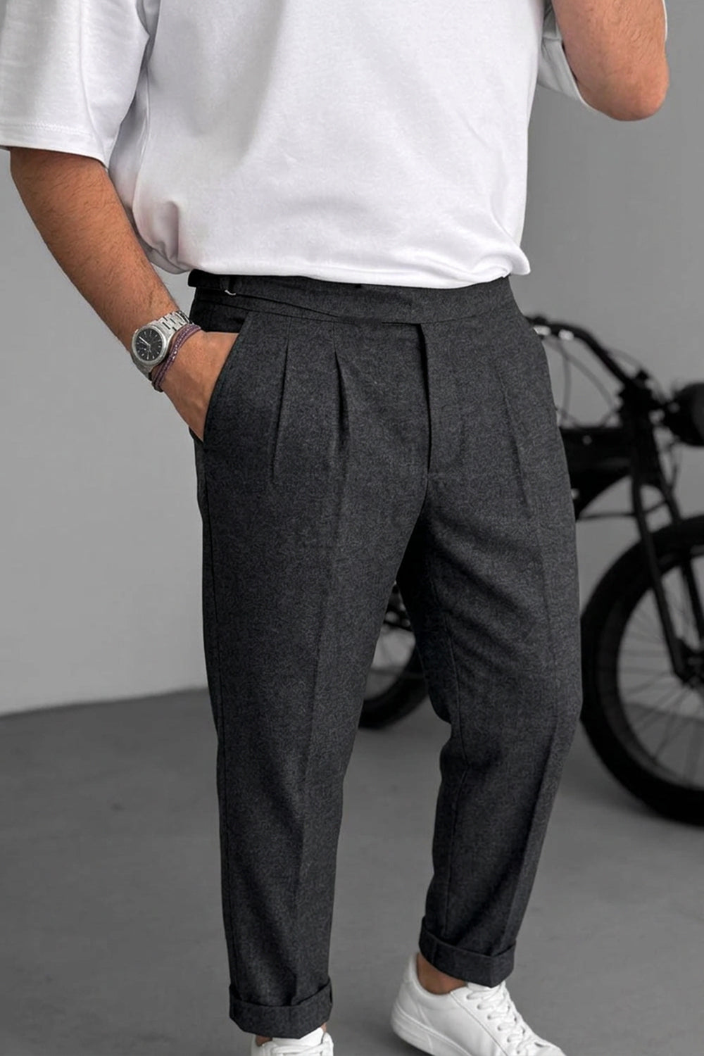 Παντελόνι Tailored Fit με Πιέτες & Ρεβέρ – Ανθρακί