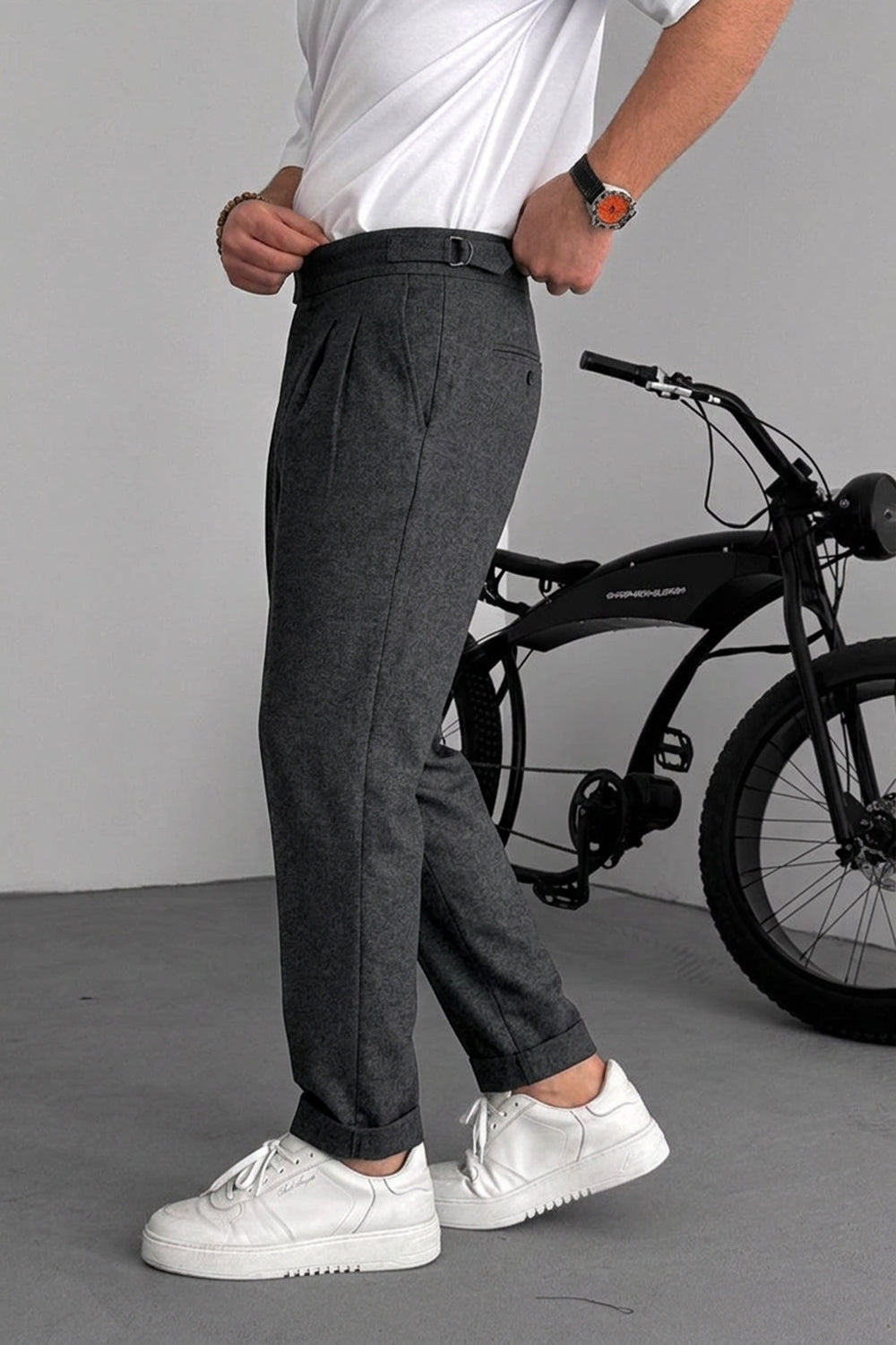 Παντελόνι Tailored Fit με Πιέτες & Ρεβέρ – Ανθρακί