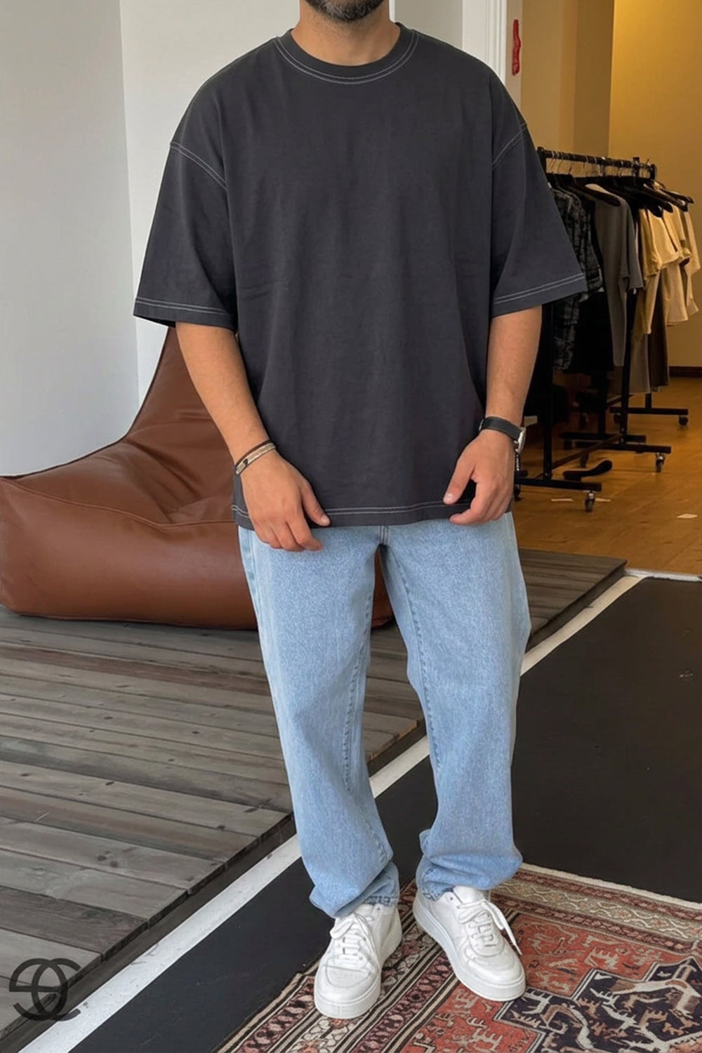 Oversized T-Shirt με Contrast Ραφές – Washed Anthracite