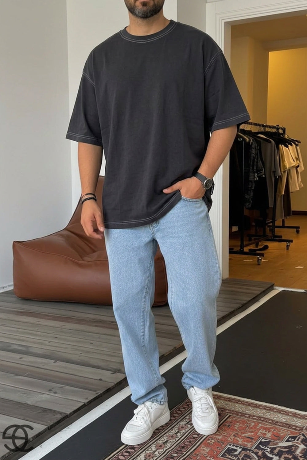 Oversized T-Shirt με Contrast Ραφές – Washed Anthracite