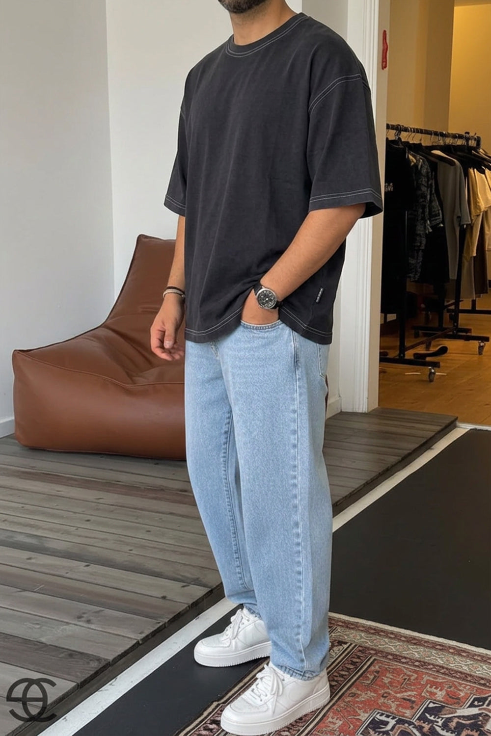 Oversized T-Shirt με Contrast Ραφές – Washed Anthracite