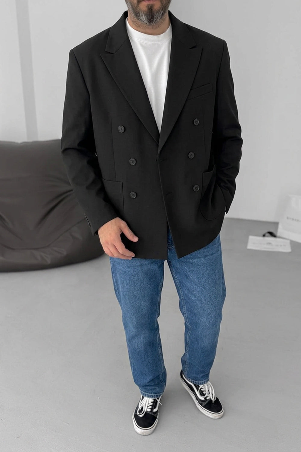 Ανδρικό Oversized Double Breasted Blazer με 6 Κουμπιά – Μαύρο