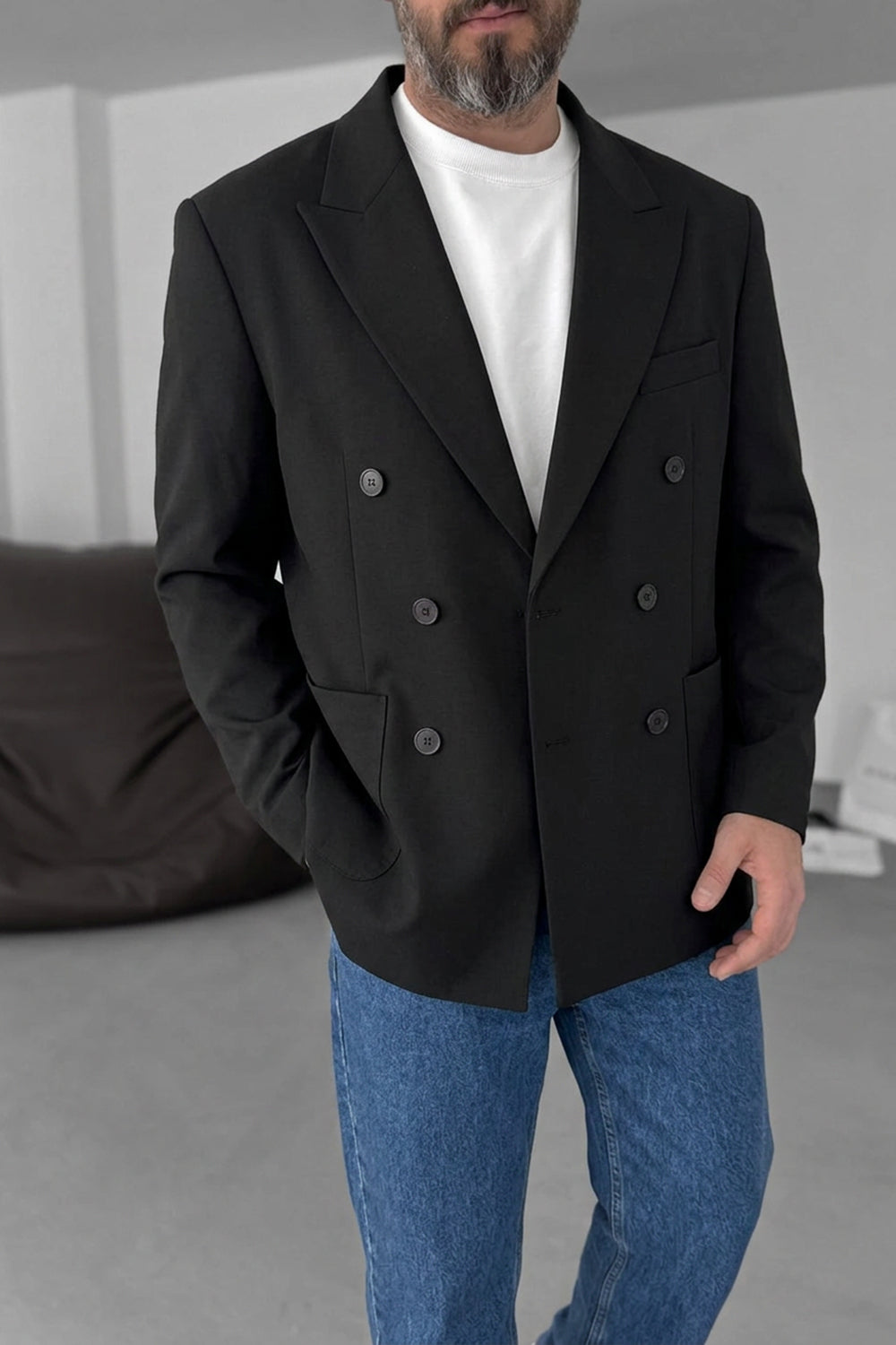 Ανδρικό Oversized Double Breasted Blazer με 6 Κουμπιά – Μαύρο