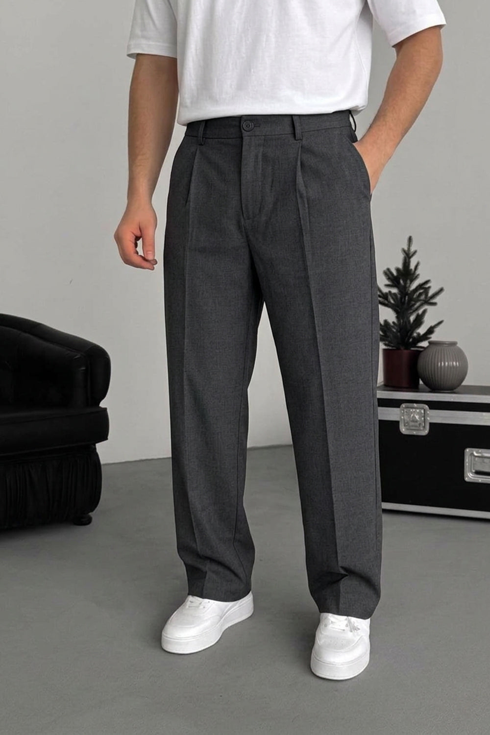 Ανδρικό Baggy Tailored Παντελόνι με Πιέτες & Λάστιχο στη Μέση – Ανθρακί