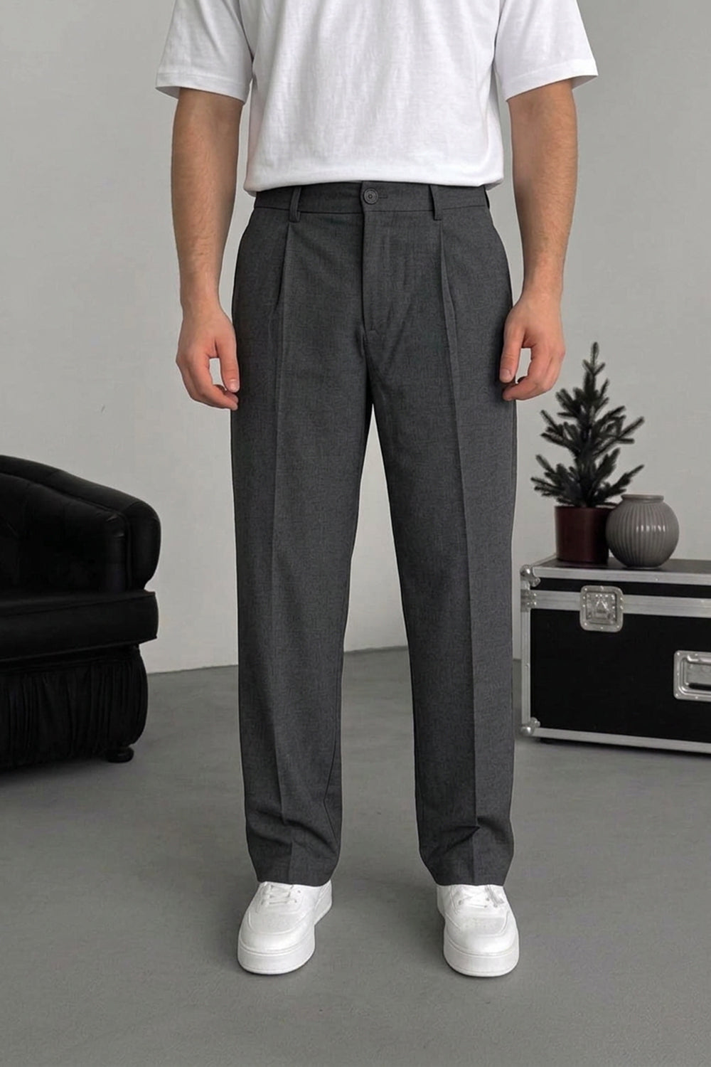 Ανδρικό Baggy Tailored Παντελόνι με Πιέτες & Λάστιχο στη Μέση – Ανθρακί