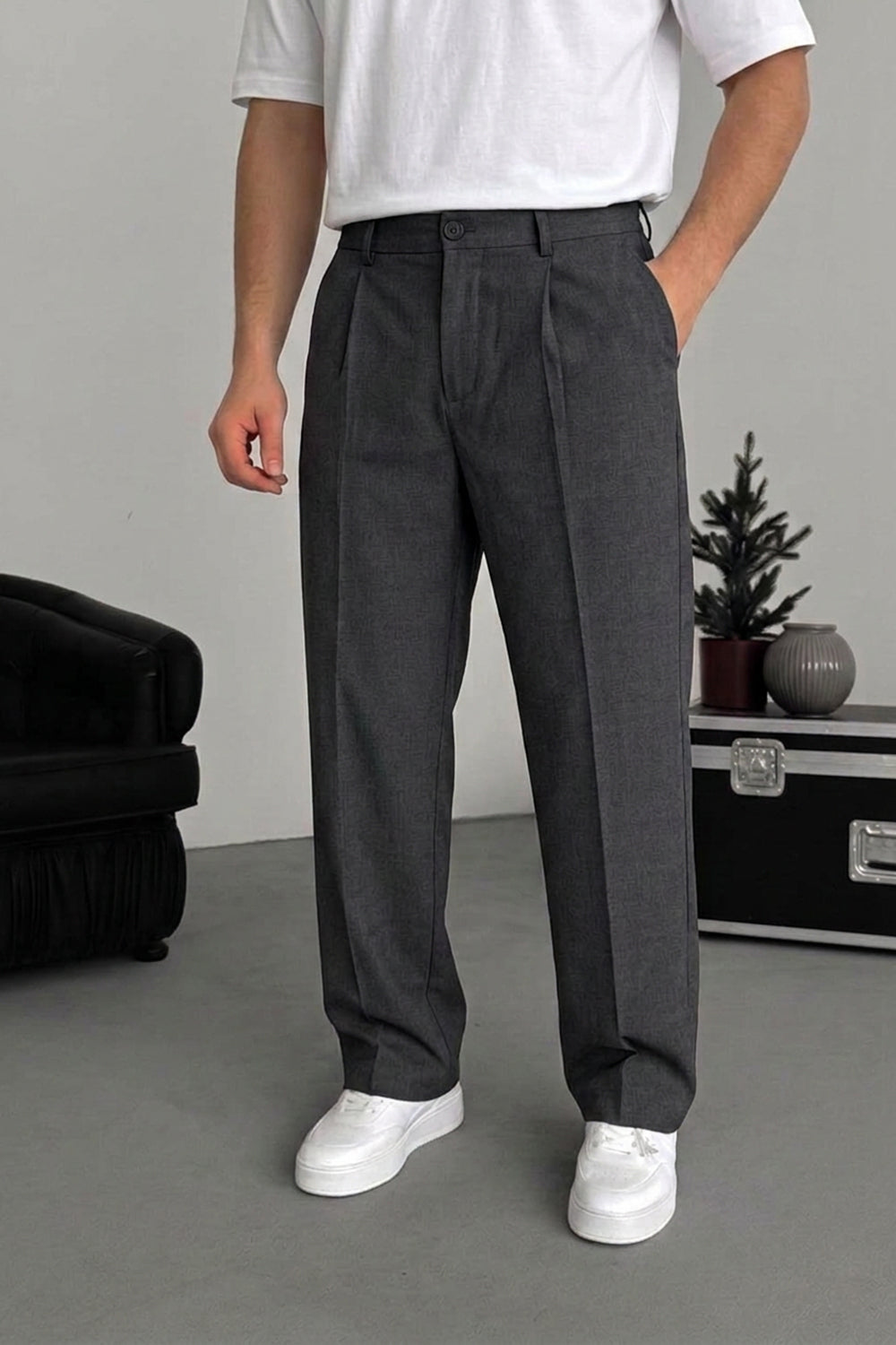 Ανδρικό Baggy Tailored Παντελόνι με Πιέτες & Λάστιχο στη Μέση – Ανθρακί