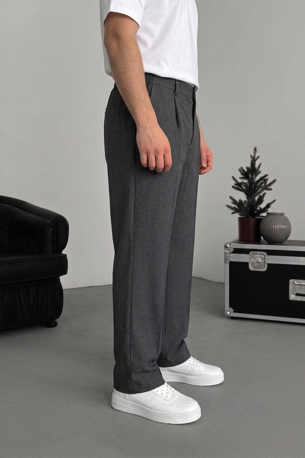 Ανδρικό Baggy Tailored Παντελόνι με Πιέτες & Λάστιχο στη Μέση – Ανθρακί