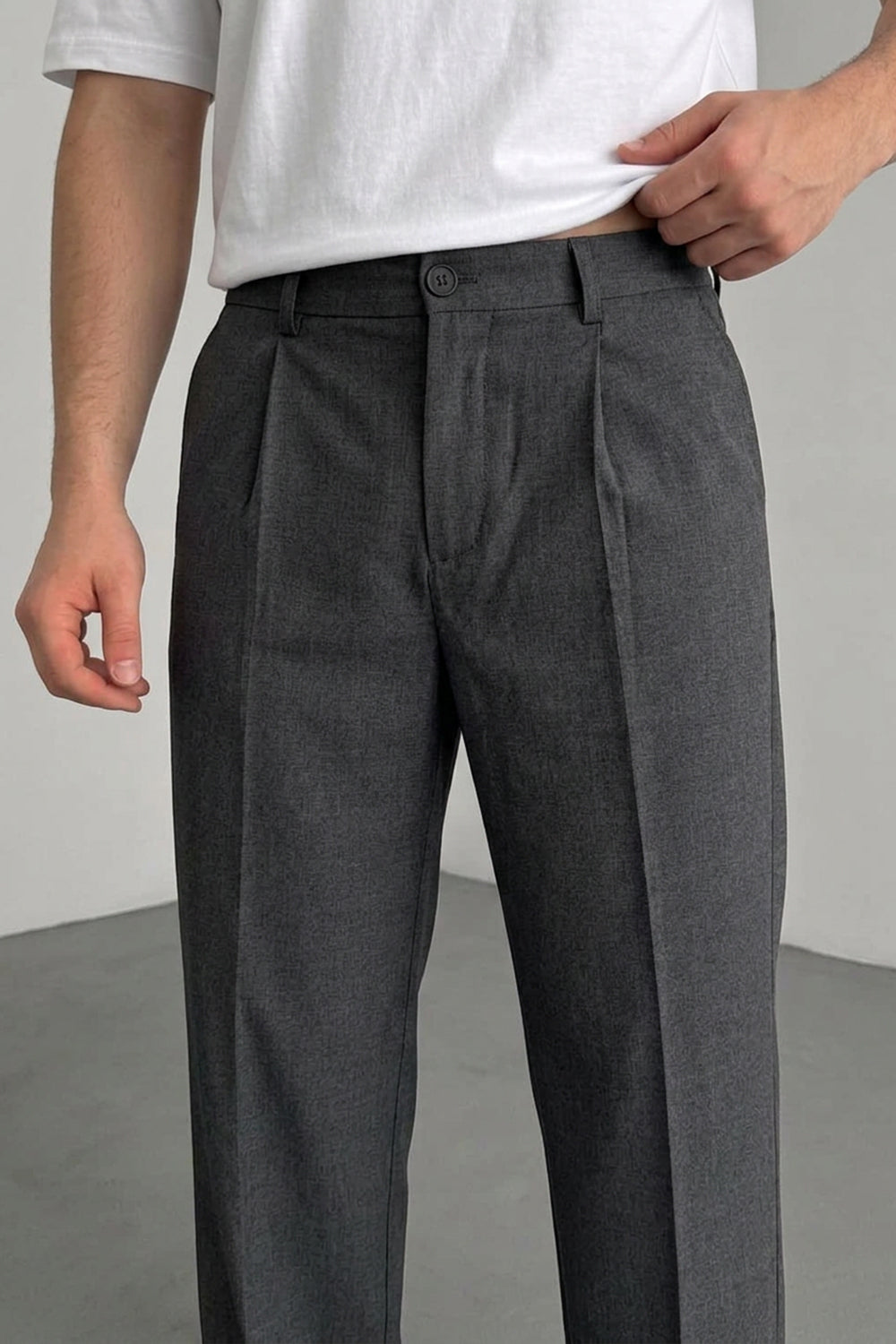 Ανδρικό Baggy Tailored Παντελόνι με Πιέτες & Λάστιχο στη Μέση – Ανθρακί