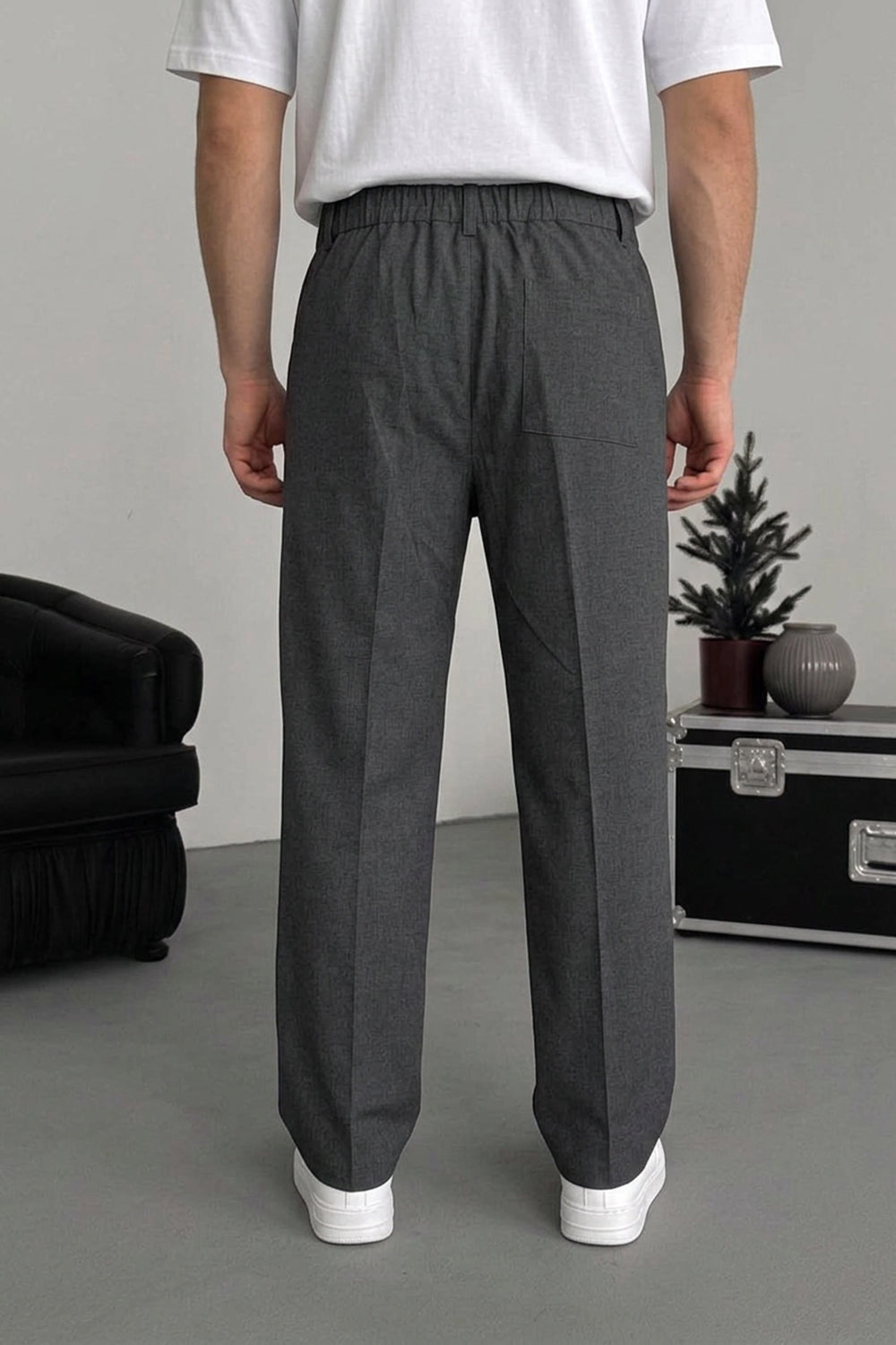 Ανδρικό Baggy Tailored Παντελόνι με Πιέτες & Λάστιχο στη Μέση – Ανθρακί