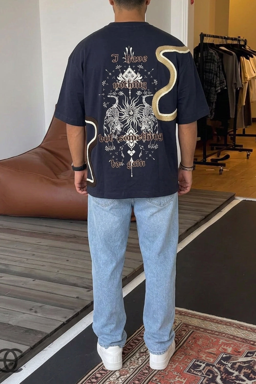 Ανδρικό Oversized T-Shirt με Ethnic Graphic Print & Ανάγλυφες Λεπτομέρειες – Navy Blue