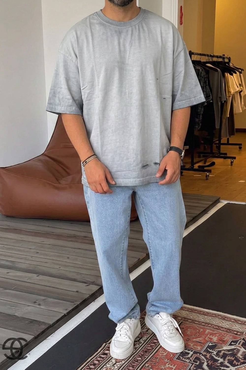 Ανδρικό Oversized T-Shirt Washed Effect με Distressed Λεπτομέρειες – Light Grey