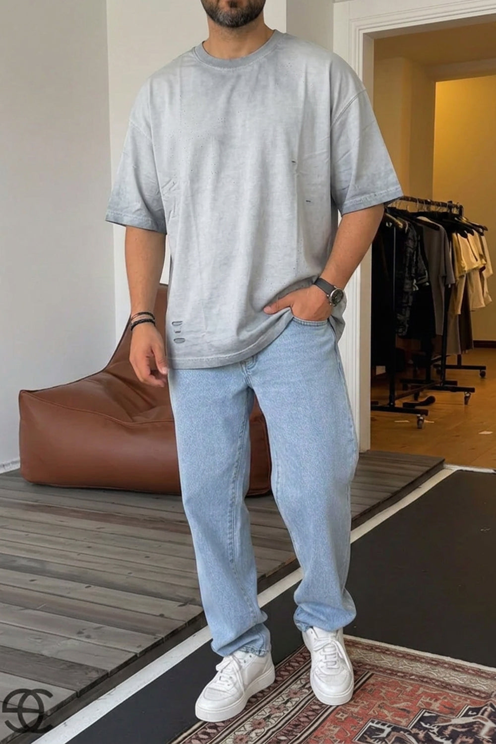 Ανδρικό Oversized T-Shirt Washed Effect με Distressed Λεπτομέρειες – Light Grey