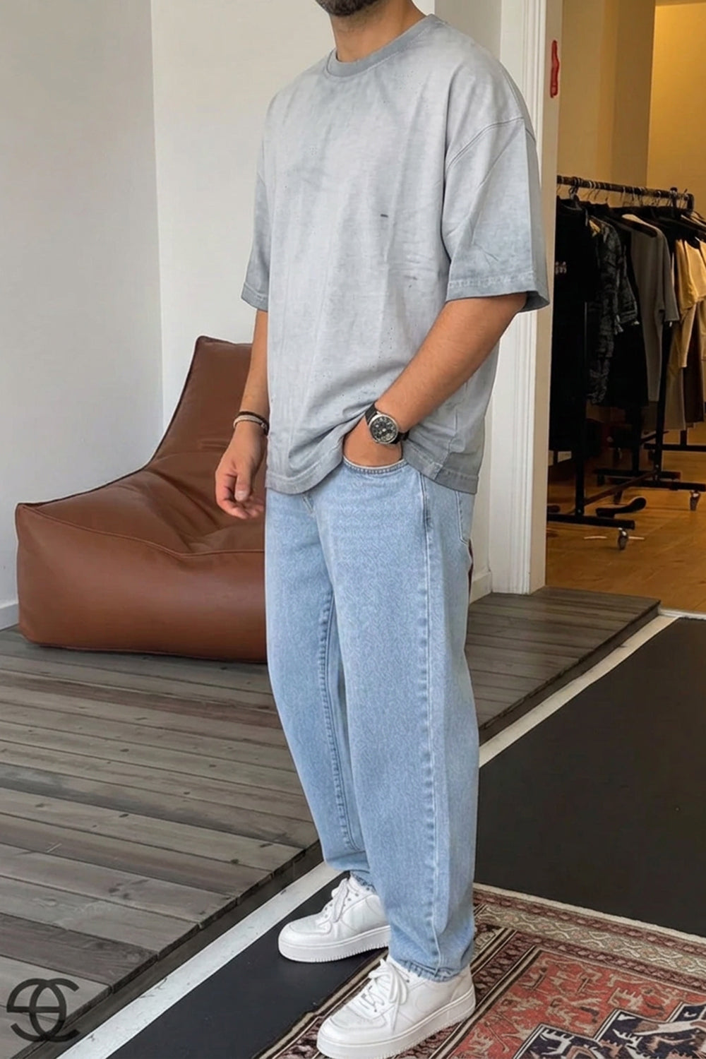 Ανδρικό Oversized T-Shirt Washed Effect με Distressed Λεπτομέρειες – Light Grey