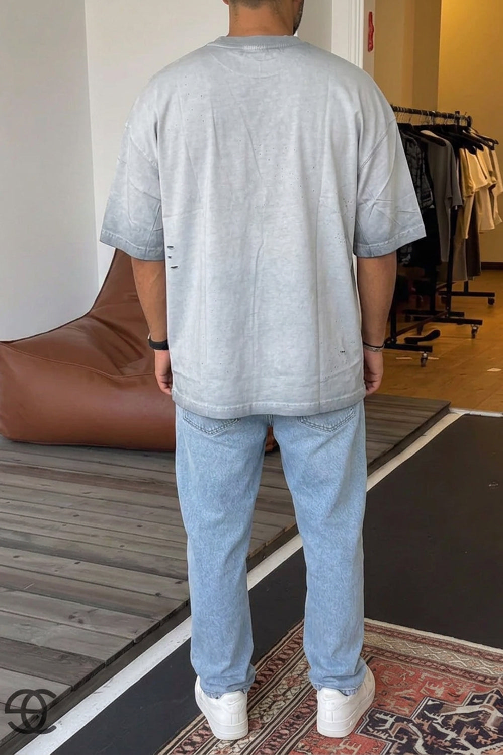 Ανδρικό Oversized T-Shirt Washed Effect με Distressed Λεπτομέρειες – Light Grey