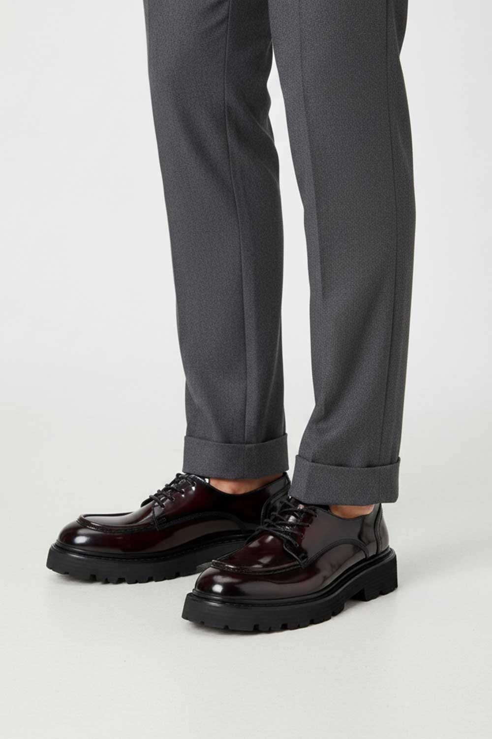 Premium Λουστρίνι Δερμάτινο Derby με Chunky Σόλα – Bordeaux Black