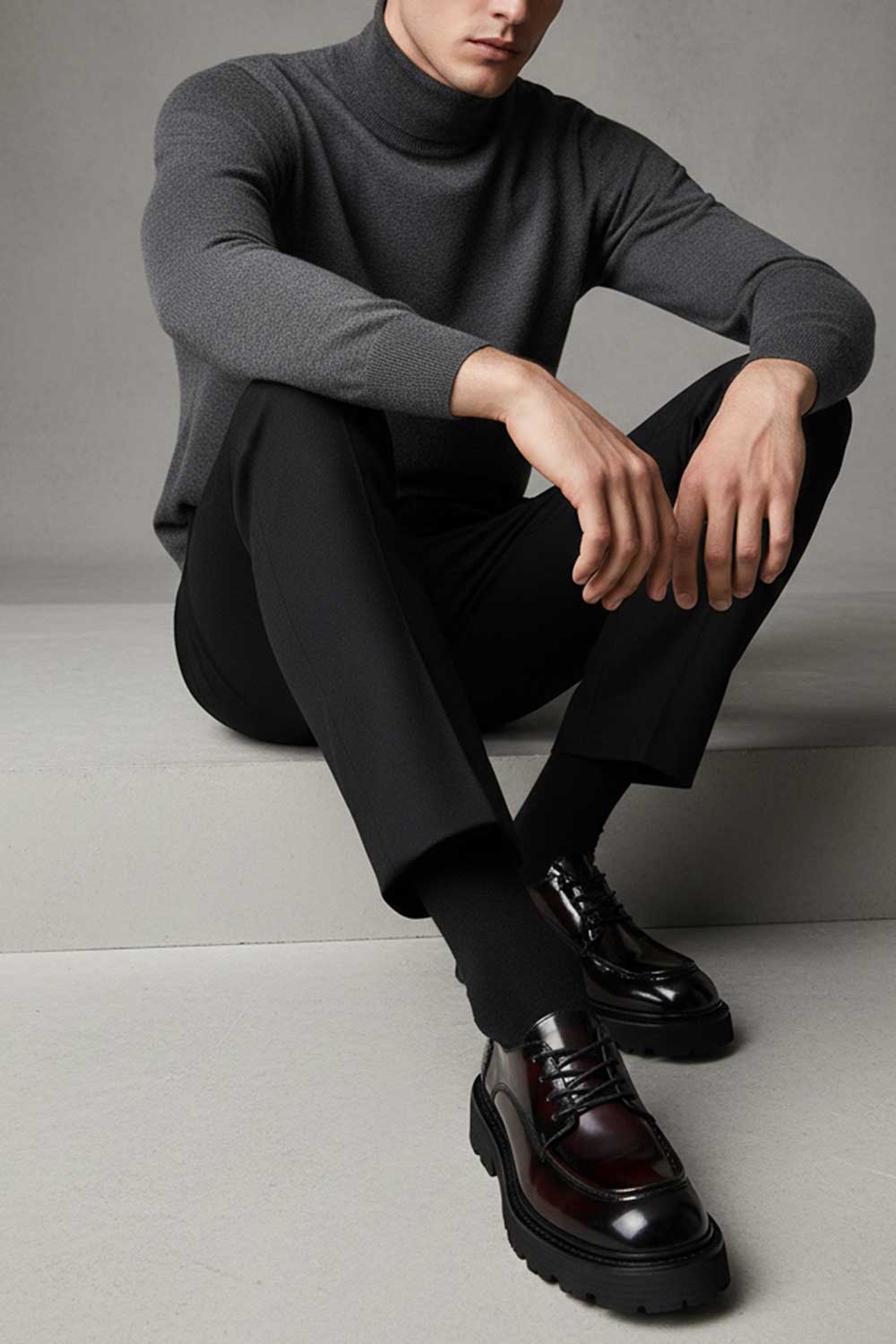 Premium Λουστρίνι Δερμάτινο Derby με Chunky Σόλα – Bordeaux Black
